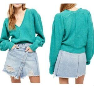 Free People Reverie V-Neck Sweater in‎ Emerald Aura Sz S Cozy Boho Colorful
